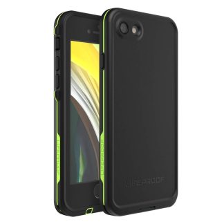 LifeProof iPhone SE (2nd gen - 2020) and iPhone 8/7 (NOT PLUS) FRĒ Series Case - NIGHT LITE (BLACK/LIME), waterproof IP68, built-in screen protector, port cover protection, snaps to MagSafe