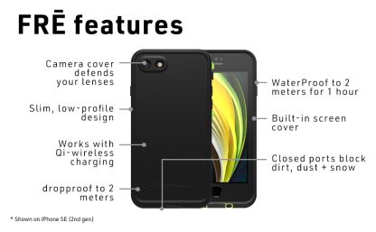 LifeProof iPhone SE (2nd gen - 2020) and iPhone 8/7 (NOT PLUS) FRĒ Series Case - NIGHT LITE (BLACK/LIME), waterproof IP68, built-in screen protector, port cover protection, snaps to MagSafe - Image 4